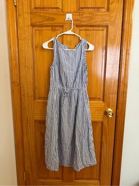 Blue and White Striped Girls' Sleeveless Drawstring Dress